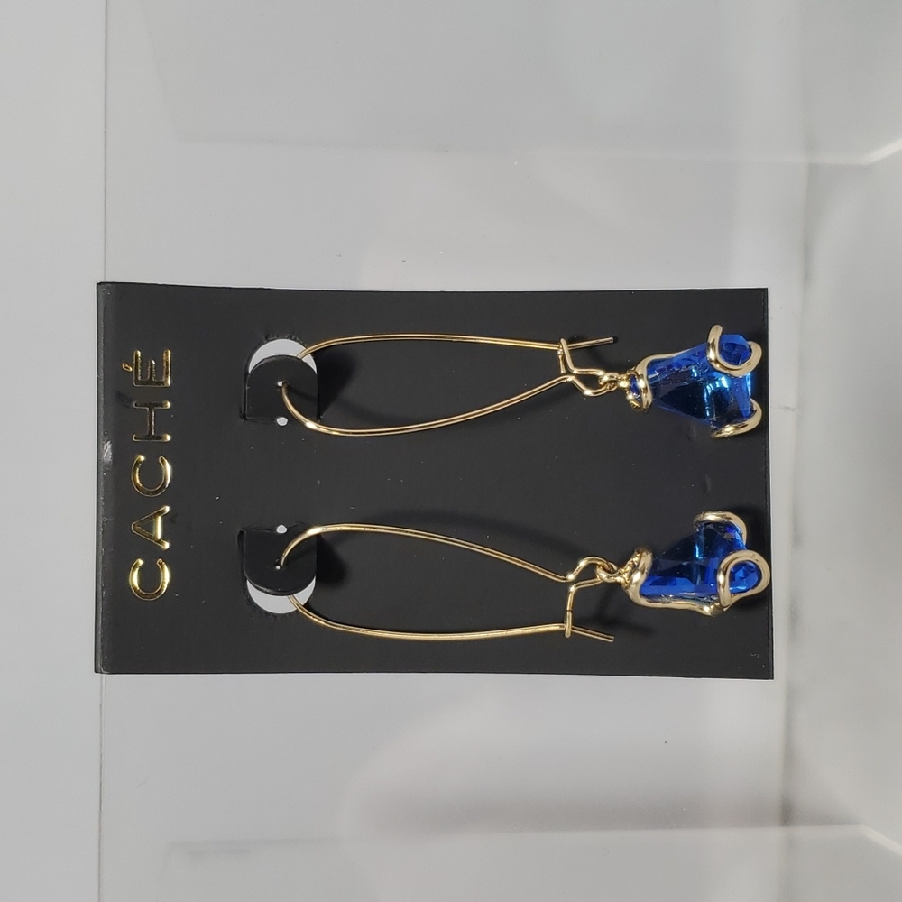 Cache Gold French Wire Blue Stone Dangle Earrings – 2” Drop - Picture 2 of 4